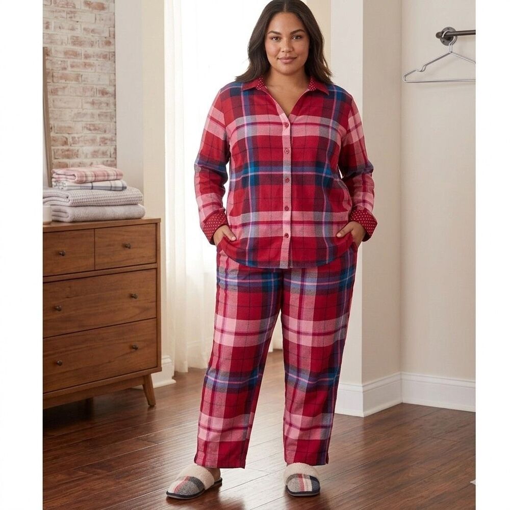 Soma Plaid Pajama Set Red Pink Button Front Sleepwear Women XL‎